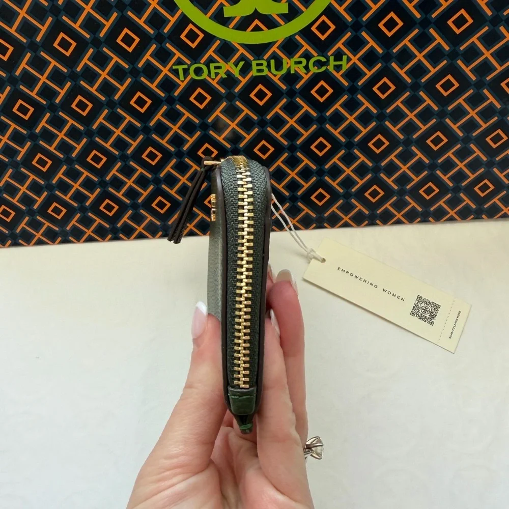Tory Burch Blake Zip Card Case Basil Gold Green